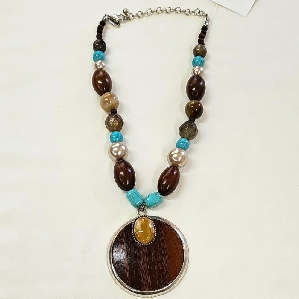 CHICO'S Beaded Turquoise Brown Necklace Silver Accents & Wood Pendant